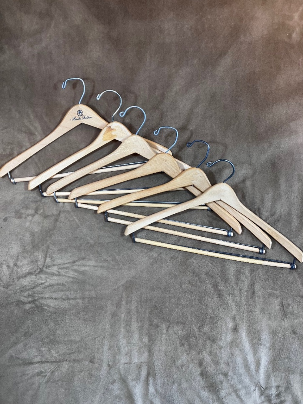 Set of Six Wood Hangers with Metal Pants Clamps (Brooks Brother Plus 5)